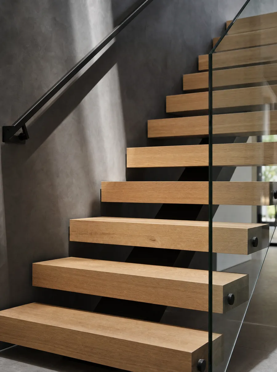 Floating timber staircase with a steel stringer and glass balustrade