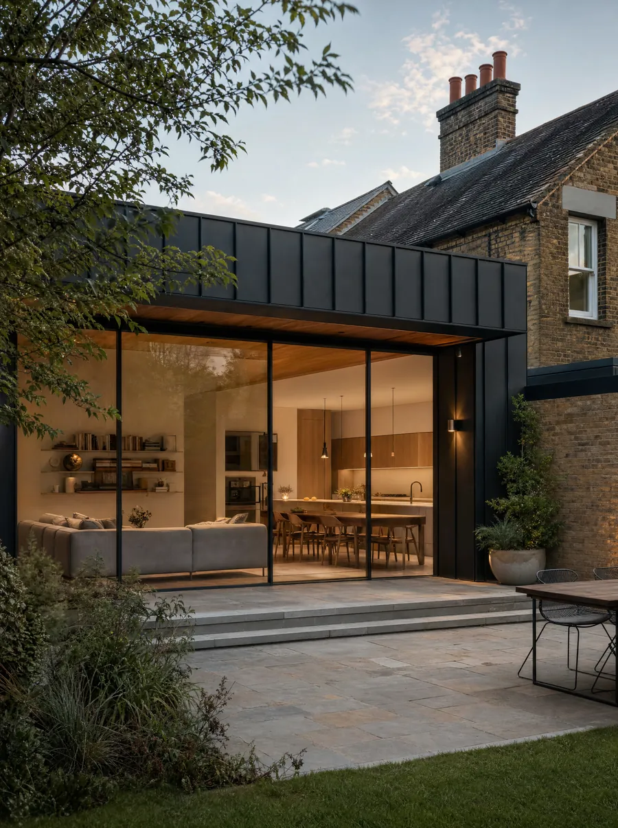A modern home addition with floor-to-ceiling glass opening onto a garden