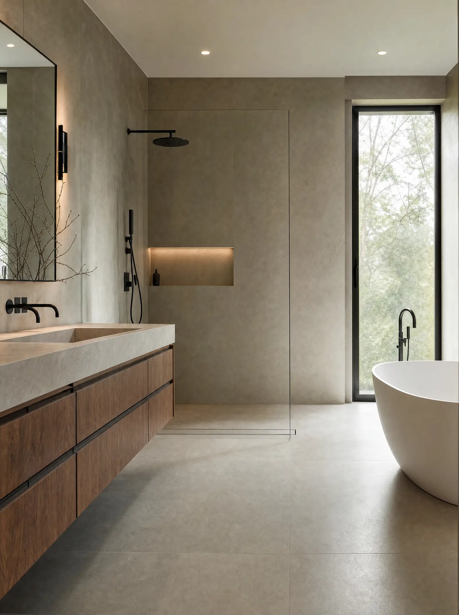 A spa-like bathroom with large-format tile, a walk-in shower and a floating vanity