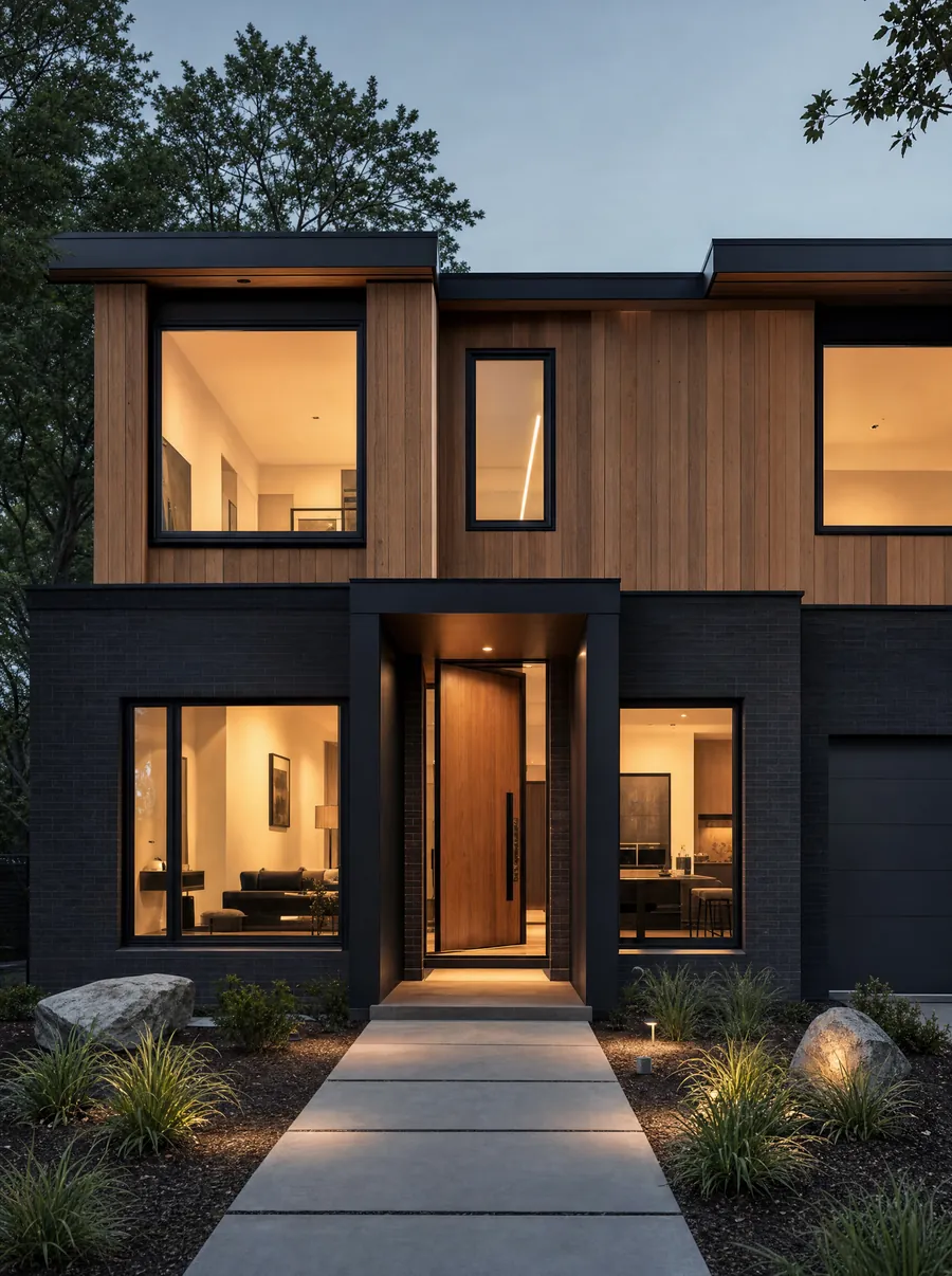 A newly built custom home with a clean modern facade, timber cladding and a lit entry