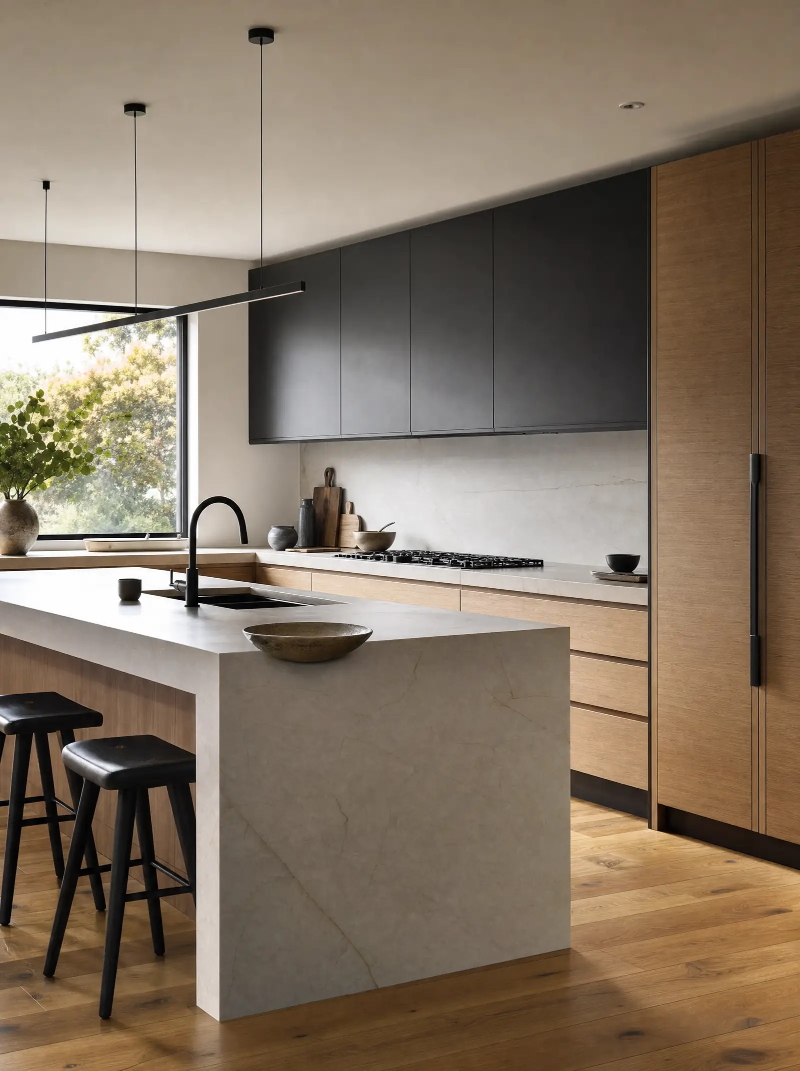 A remodeled kitchen with a stone island, flat-panel cabinetry and warm pendant lighting