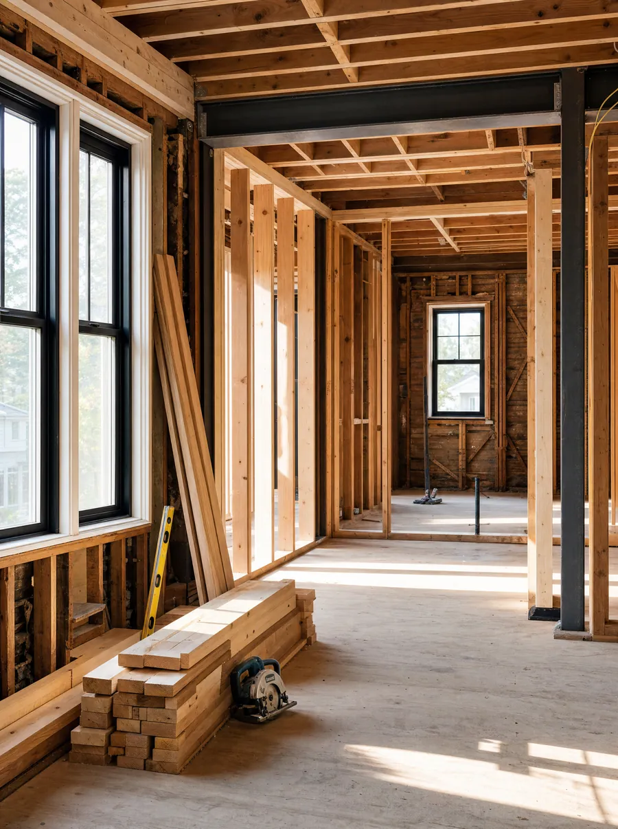 An open-plan living space mid-renovation with exposed framing and new windows